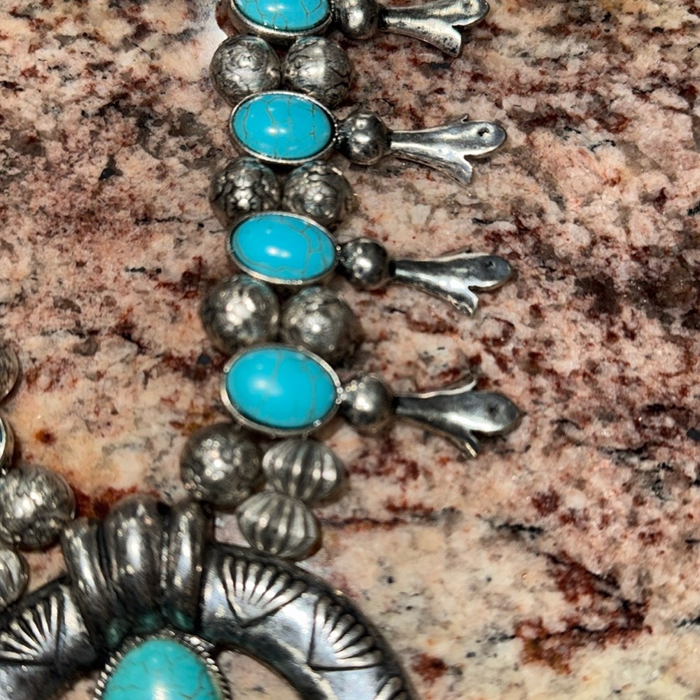 Turquoise & Silver Squash Blossom Necklace - Picture 7 of 13